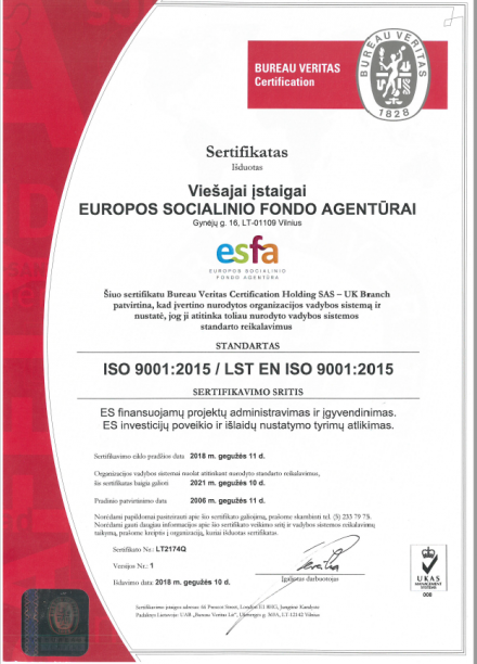 Europos socialinio fondo agentūros veikla sertifikuota pagal ISO 9001:2015 standartą 